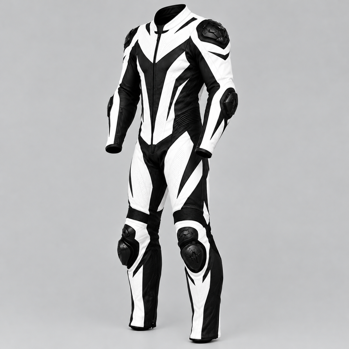 ForgeWorn White & Black Motorcycle Racing Suit – Professional 1-Piece Leather Suit