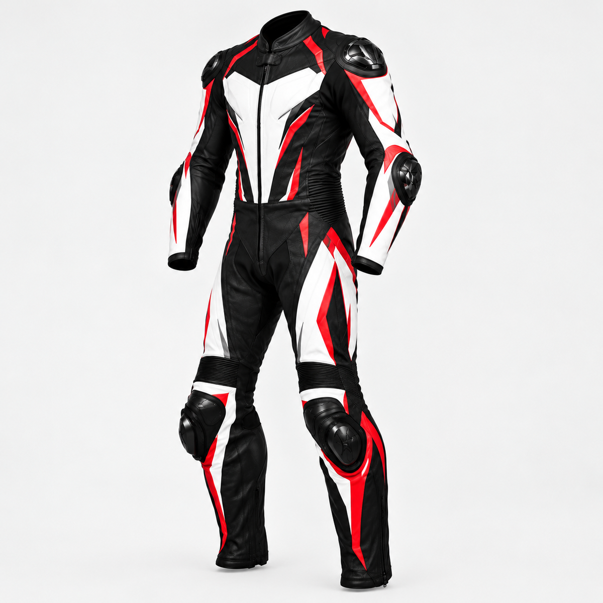Professional Black White & Red 1-Piece Motorcycle Racing Leather Suit – Full Body Protective Riding Suit
