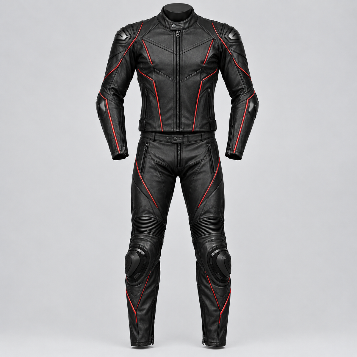 FORGEWORN Shadow Strike — Black & Red 2-Piece Motorcycle Racing Suit