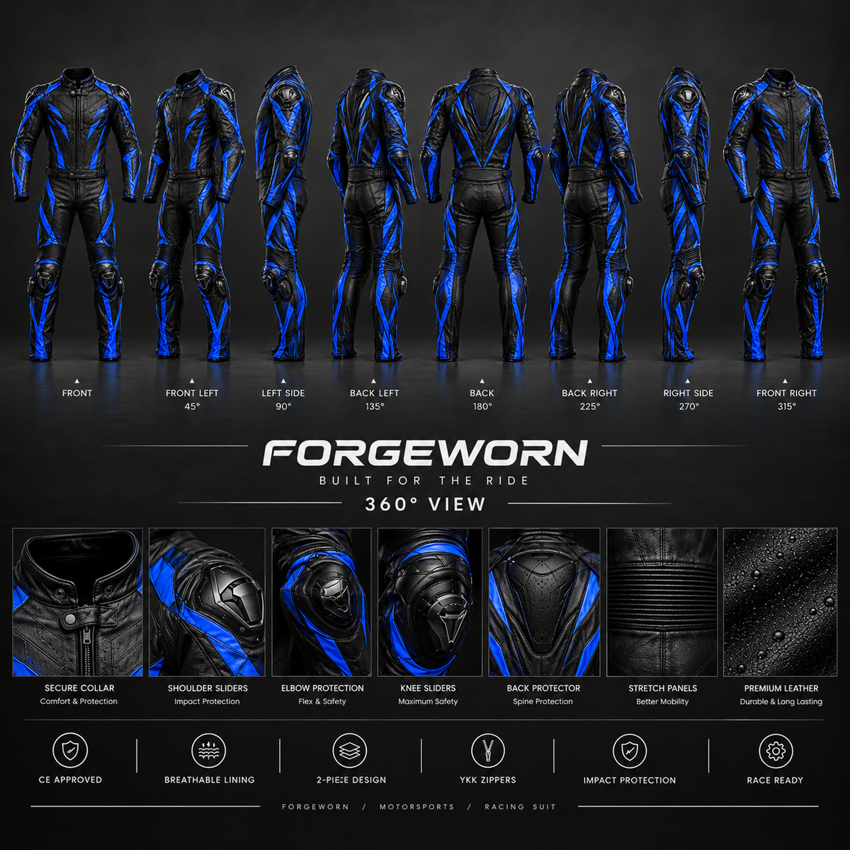 FORGEWORN Electric Strike — Black & Blue 2-Piece Racing Suit