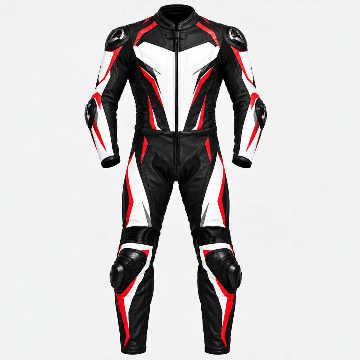 Professional Black White & Red 1-Piece Motorcycle Racing Leather Suit – Full Body Protective Riding Suit