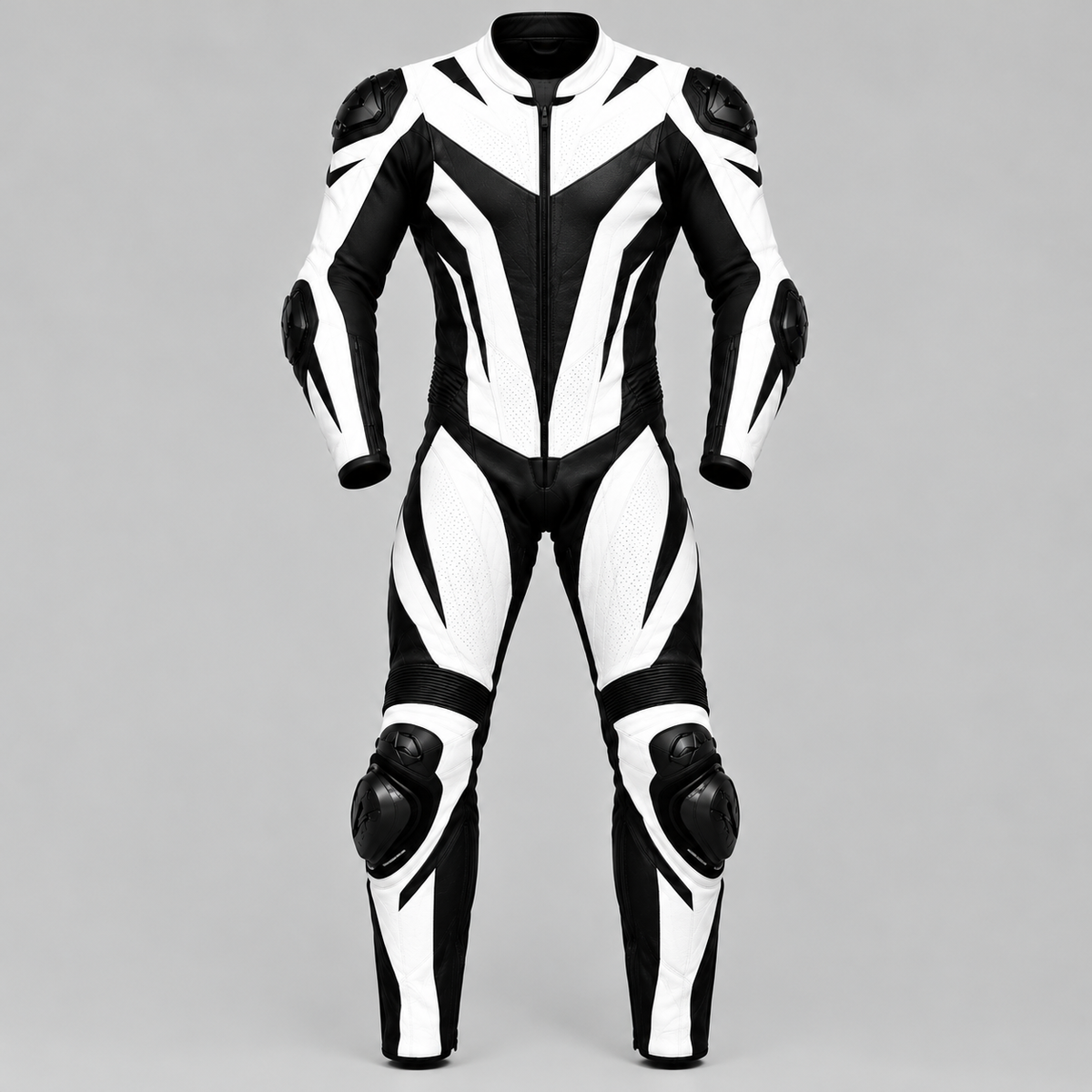 ForgeWorn White & Black Motorcycle Racing Suit – Professional 1-Piece Leather Suit
