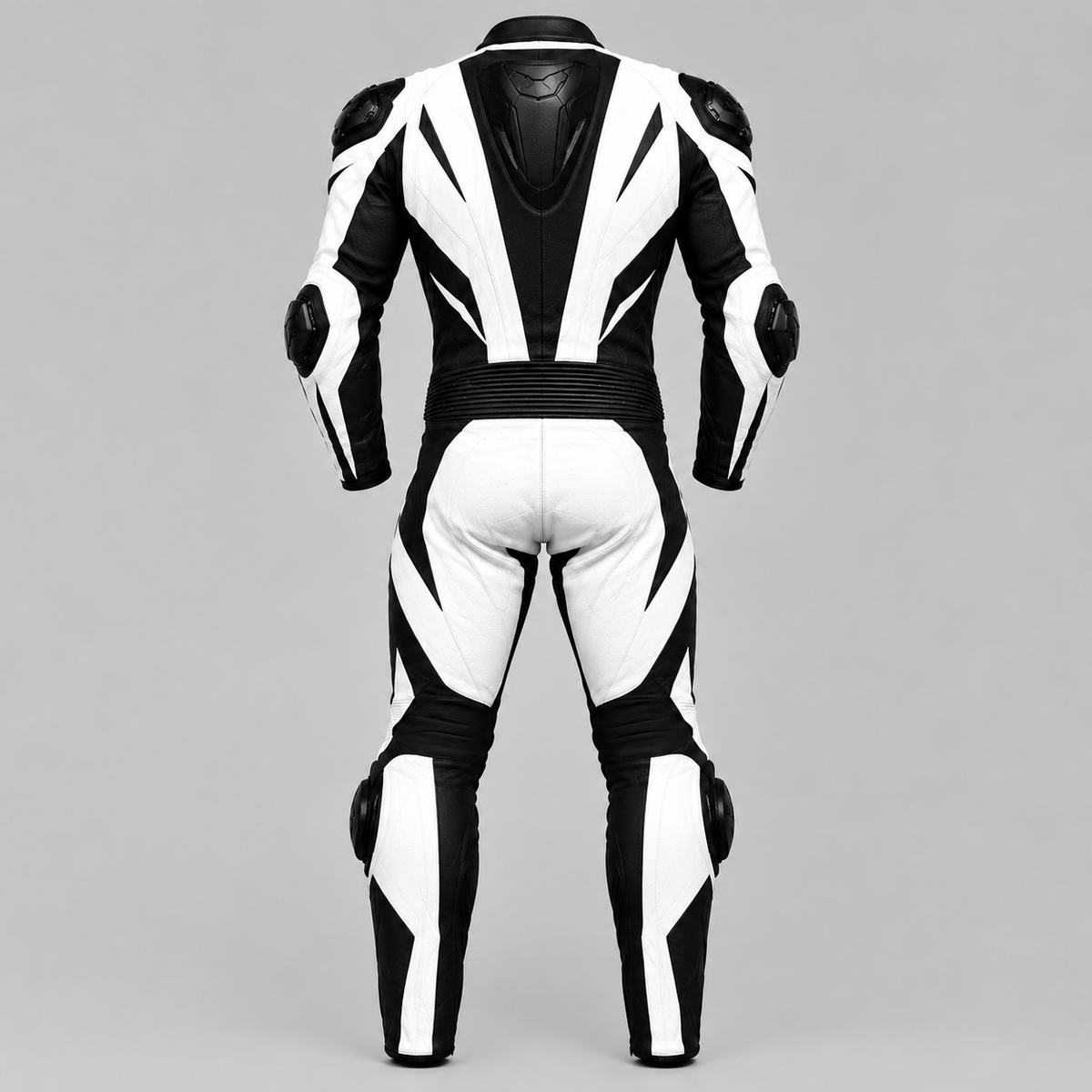 ForgeWorn White & Black Motorcycle Racing Suit – Professional 1-Piece Leather Suit